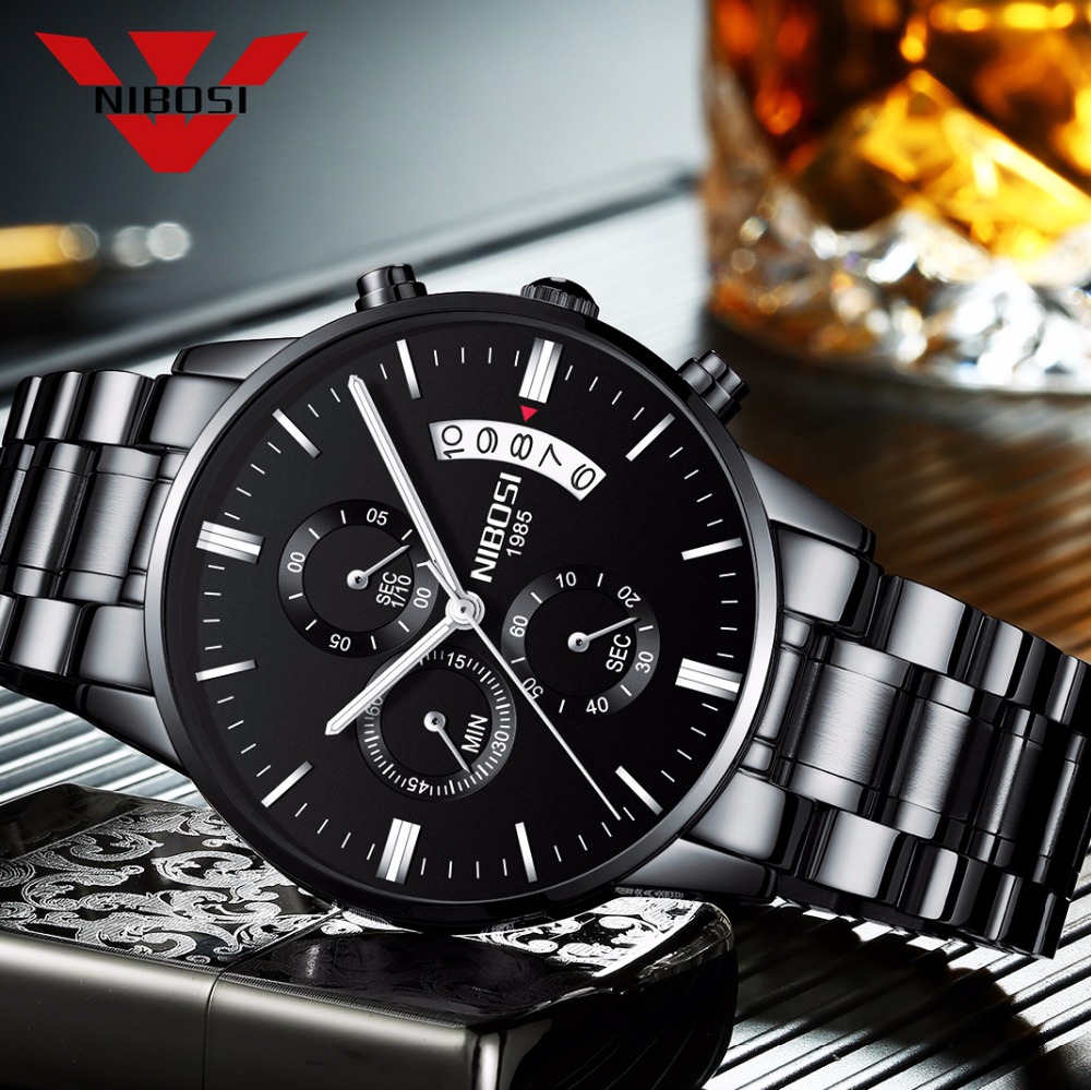 Luxury Watch Top 10 - NIBOSI Stainless Steel Black Quartz Watch