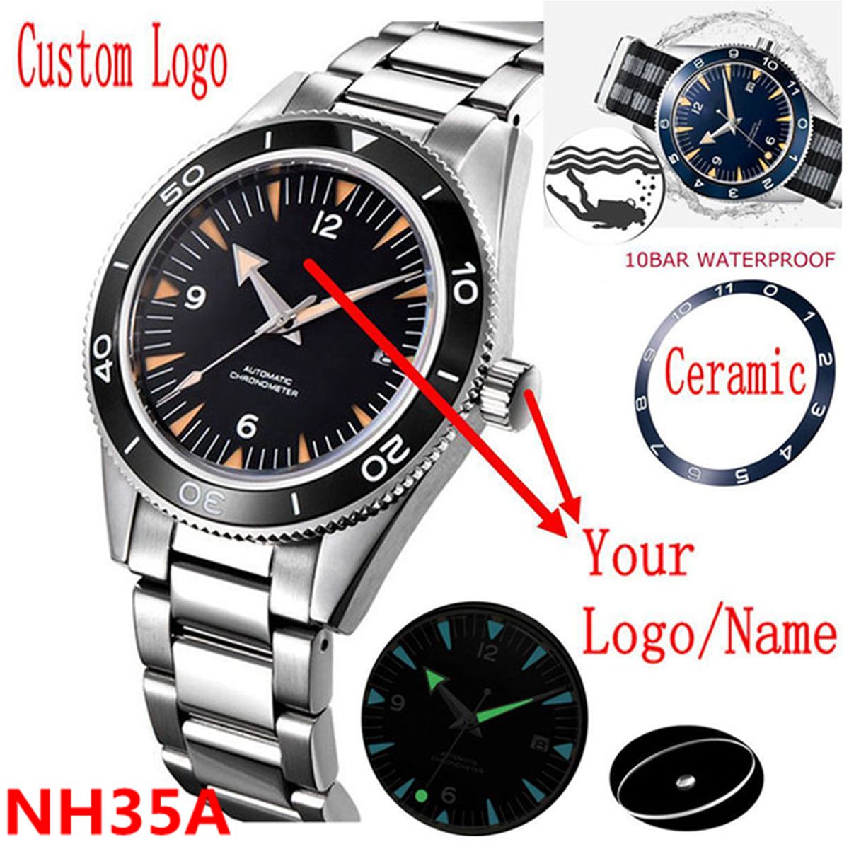 Luxury Watch Logos - Custom Logo NH35 Movement Watch 10bars